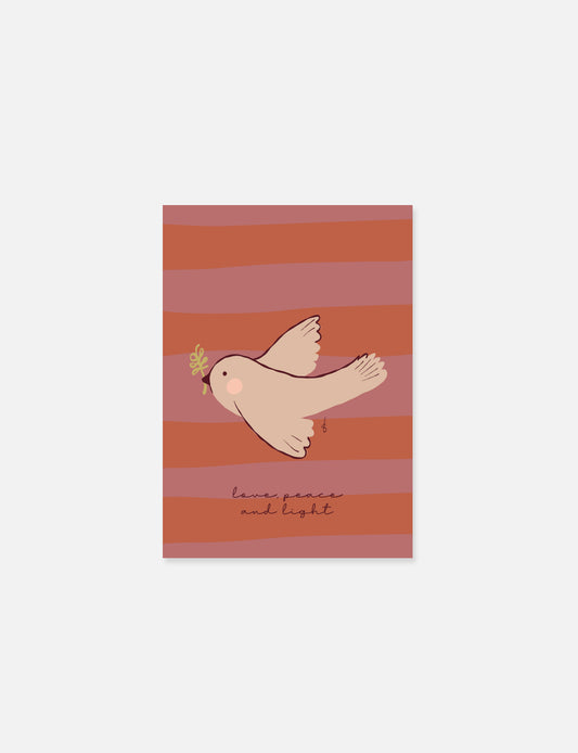Kerstkaart (A6) met abstracte Vredesduif illustratie. Deze feestelijke wenskaart maakt onderdeel uit van een kaartenset met kerstkaarten. Voor nog meer leuke christelijke kerst kaarten en andere leuke kerstkaarten zie onze webshop.
