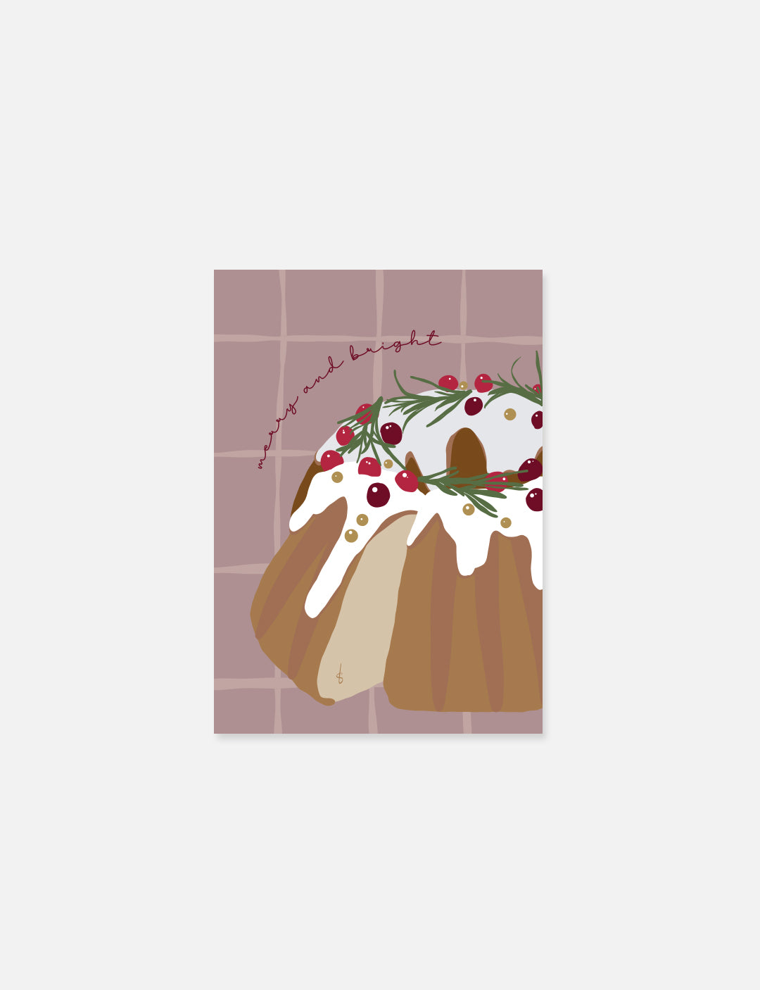 Kerstkaart (A6) met abstracte X-mas cake illustratie. De voorzijde heeft een luxe uitstraling door gebruik van soft touch laminaat (mat). De achterzijde is uiteraard goed beschrijfbaar om jouw kerstwens op te schrijven.