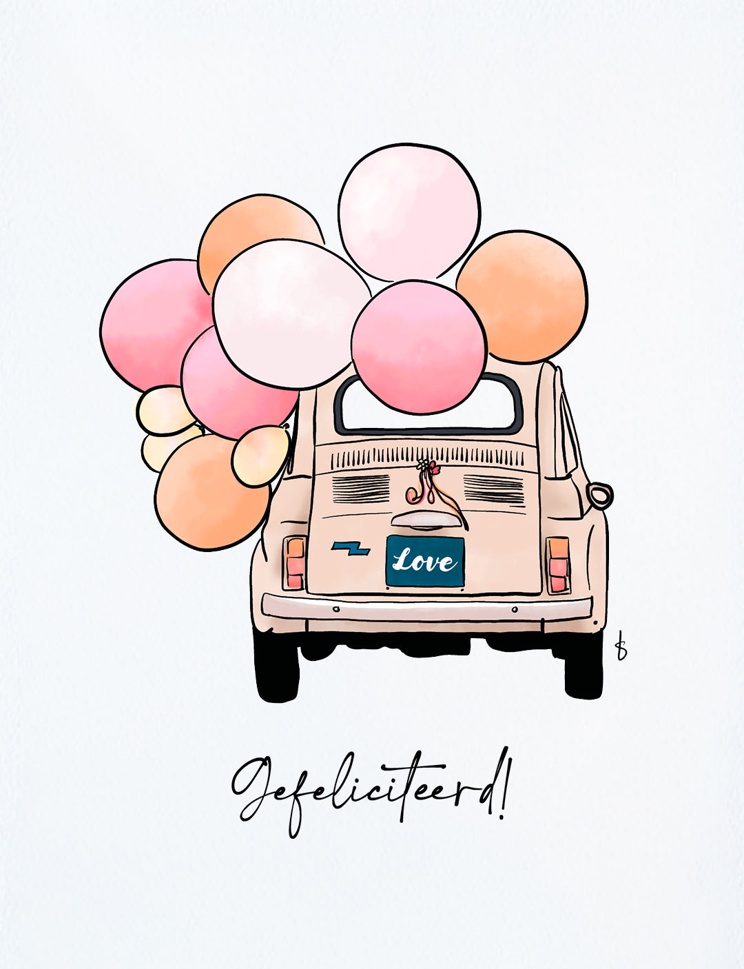 Deze vrolijke felicitatiekaart op A6 formaat heeft een handgetekende illustratie van een trouwauto met ballonnen en de tekst: Gefeliciteerd! Welk bruidspaar of liefdeskoppel ga jij deze kaart versturen? Wenskaarten bestellen kun je in onze webshop. Bekijk de webshop voor nog meer trouwkaarten en originele kaarten.