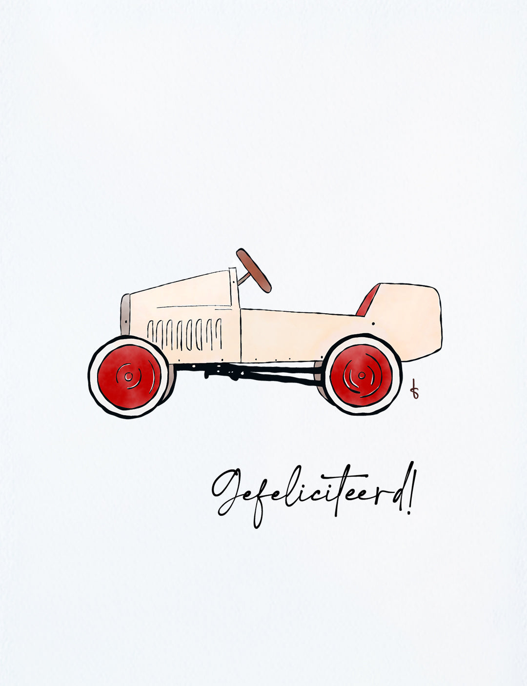 Deze felicitatiekaart op A6 formaat heeft een handgetekende illustratie van een classic loopauto en de tekst: Gefeliciteerd! De wenskaarten worden gedrukt op mooi papier en je ontvangt er een kraft envelop bij. Wenskaarten bestellen kun je in onze webshop.