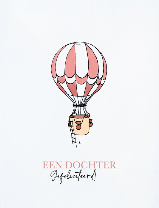 Deze felicitatiekaart op A6 formaat heeft een handgetekende illustratie van een leuke roze luchtballon en de tekst: Een dochter Gefeliciteerd! De unieke kaarten zijn ook in blauw verkrijgbaar voor de geboorte van een zoon. Wie ga jij een kaart versturen? Bekijk onze webshop voor meer handgemaakte kaarten.