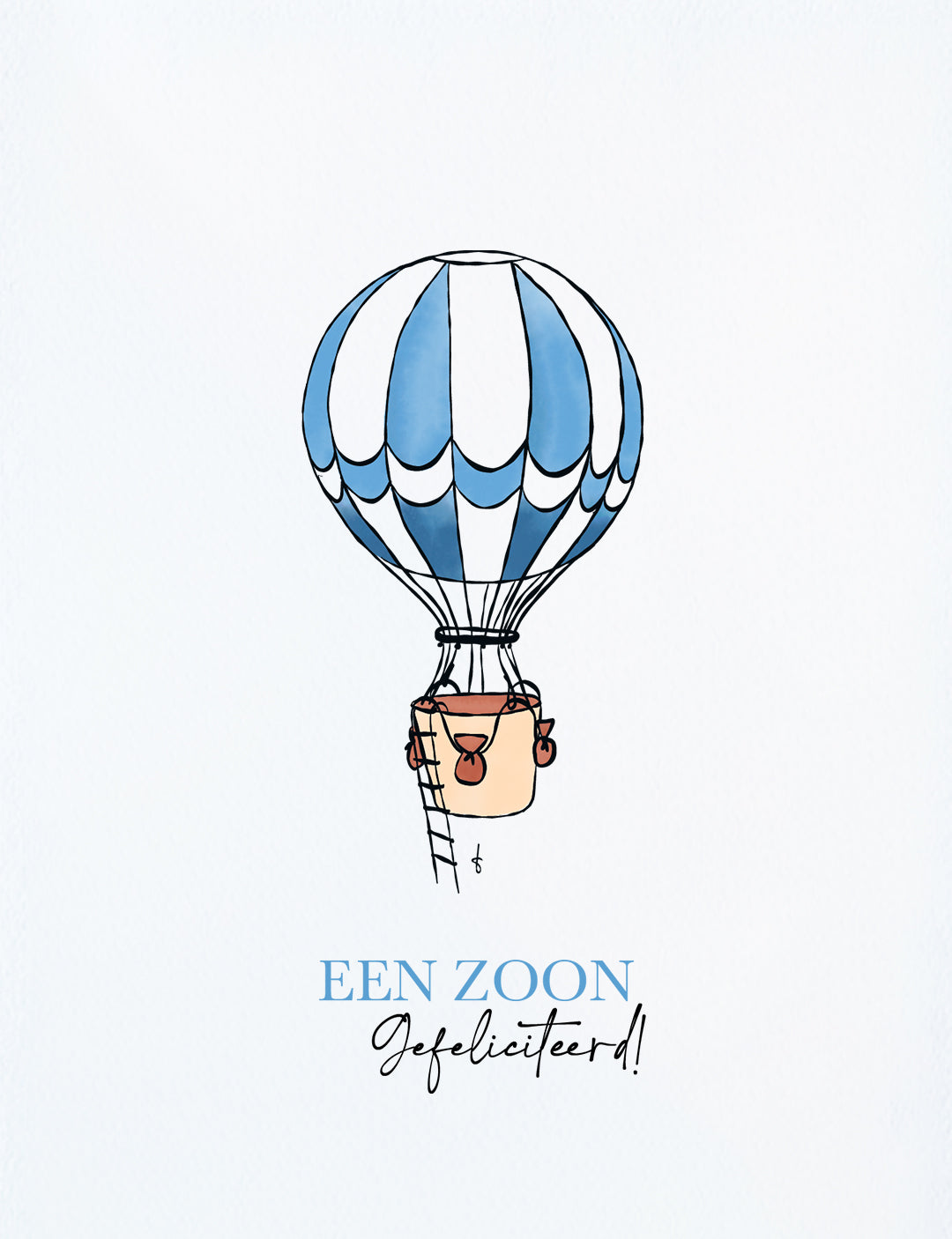 Deze felicitatiekaart op A6 formaat heeft een handgetekende illustratie van een leuke blauwe luchtballon en de tekst: Een zoon Gefeliciteerd! De ansichtkaart is ook verkrijgbaar in roze voor de geboorte van een dochter. Zie onze webshop voor meer bijzondere wenskaarten en hippe kaartjes.