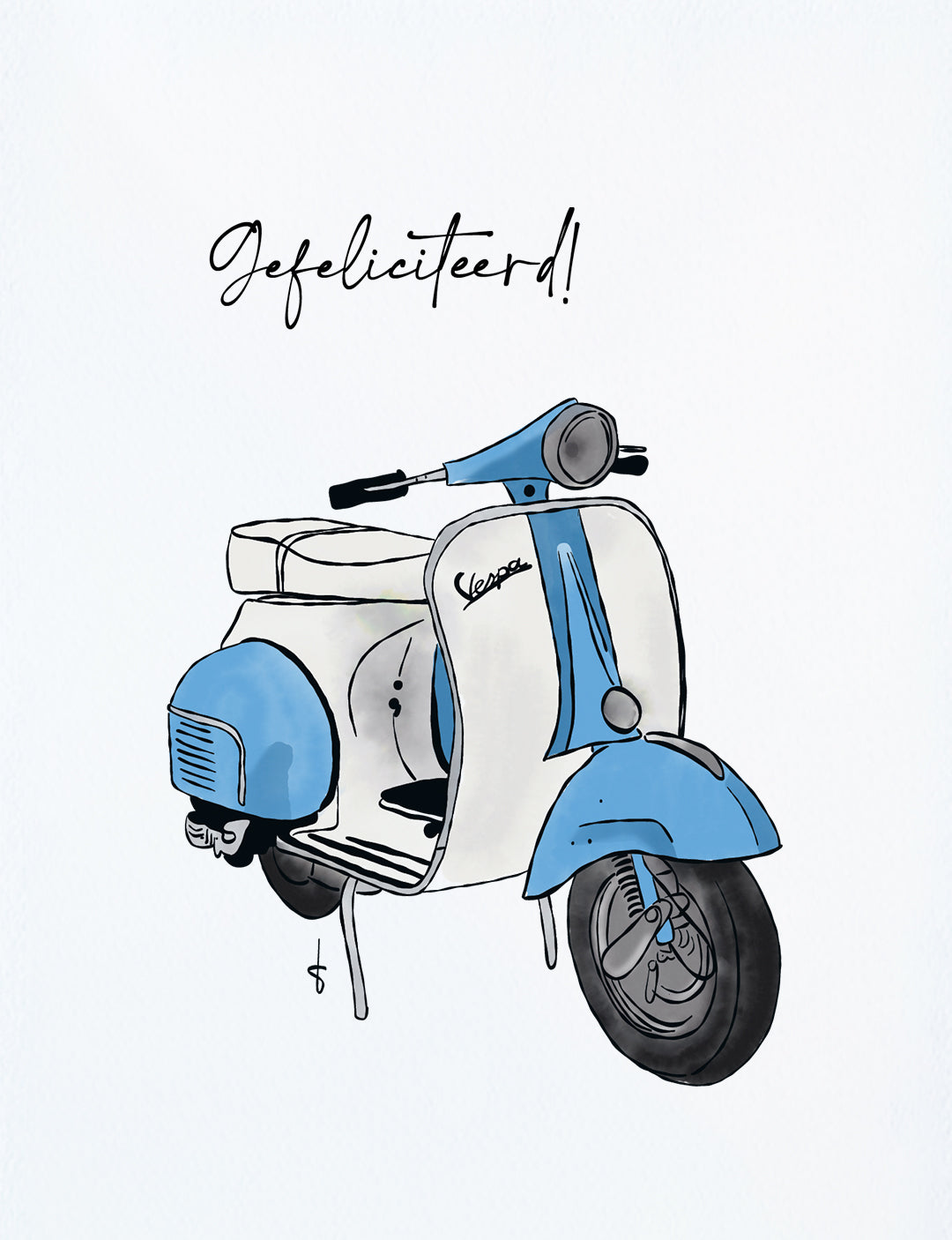 Deze felicitatiekaart op A6 formaat heeft een handgetekende illustratie van een stoere blauwe scooter en de tekst: Gefeliciteerd! De wenskaart is ook verkrijgbaar in roze voor een meisje. Deze hippe wenskaarten en illustratie kaarten zijn verkrijgbaar in onze webshop.