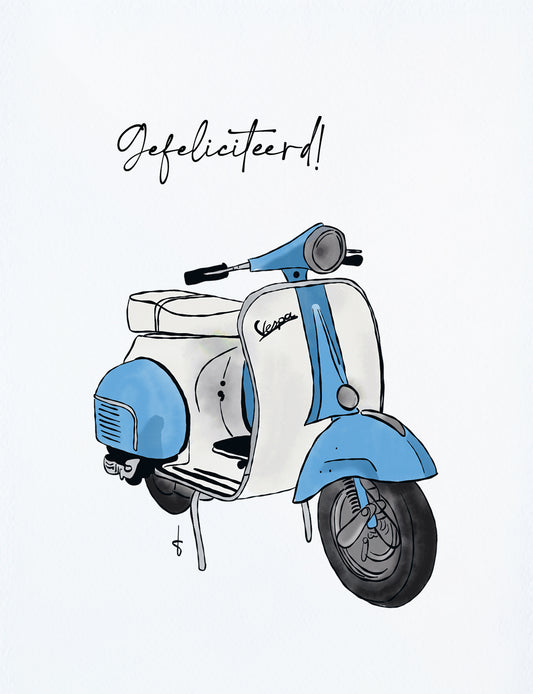 Deze felicitatiekaart op A6 formaat heeft een handgetekende illustratie van een stoere blauwe scooter en de tekst: Gefeliciteerd! De wenskaart is ook verkrijgbaar in roze voor een meisje. Deze hippe wenskaarten en illustratie kaarten zijn verkrijgbaar in onze webshop.