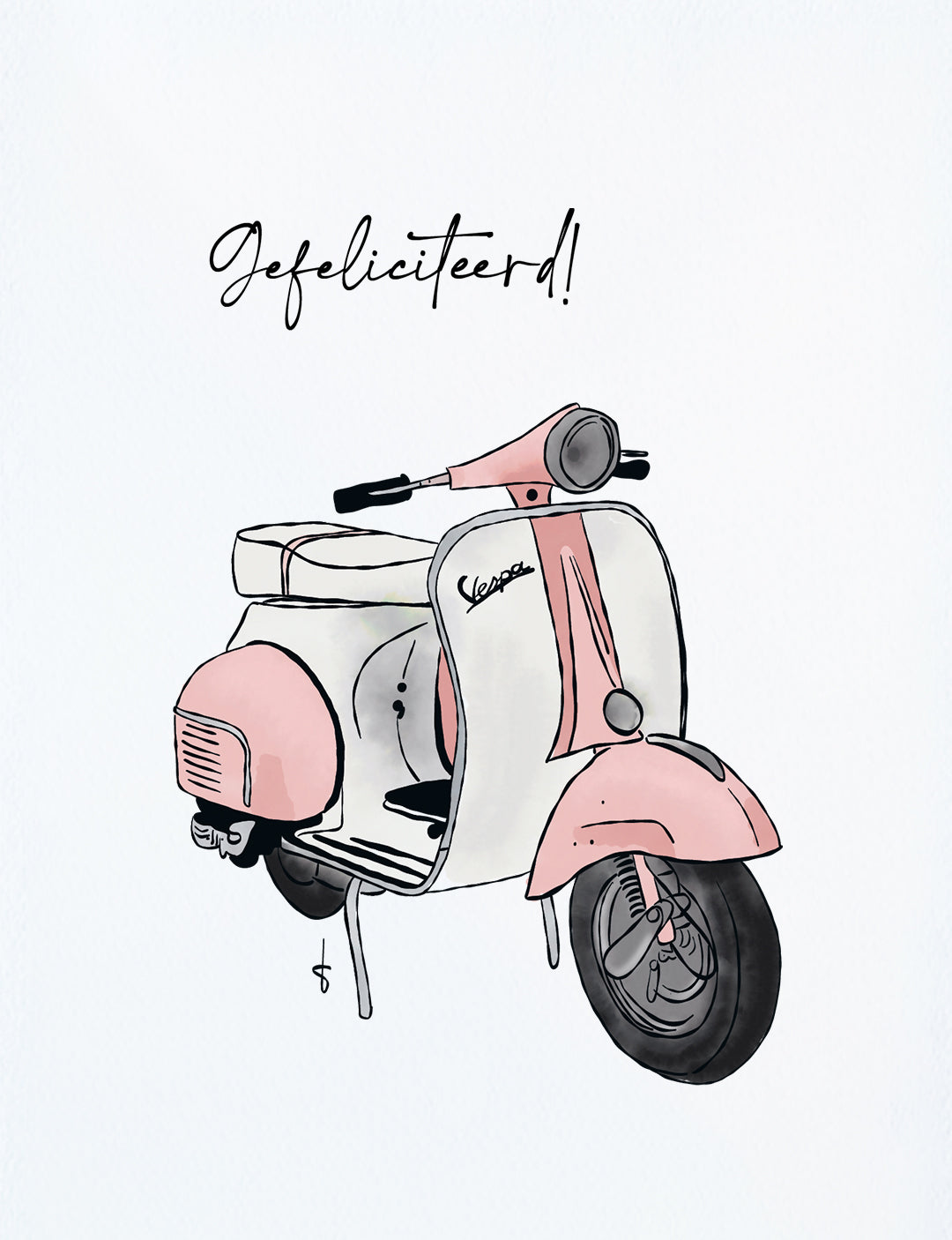 Deze felicitatiekaart op A6 formaat heeft een handgetekende illustratie van een stoere rose scooter. En de tekst: Gefeliciteerd! Deze mooie wenskaarten zijn ook in blauw verkrijgbaar voor felicitatie geboorte zoon. Bekijk onze webshop voor deze hippe kaartjes.