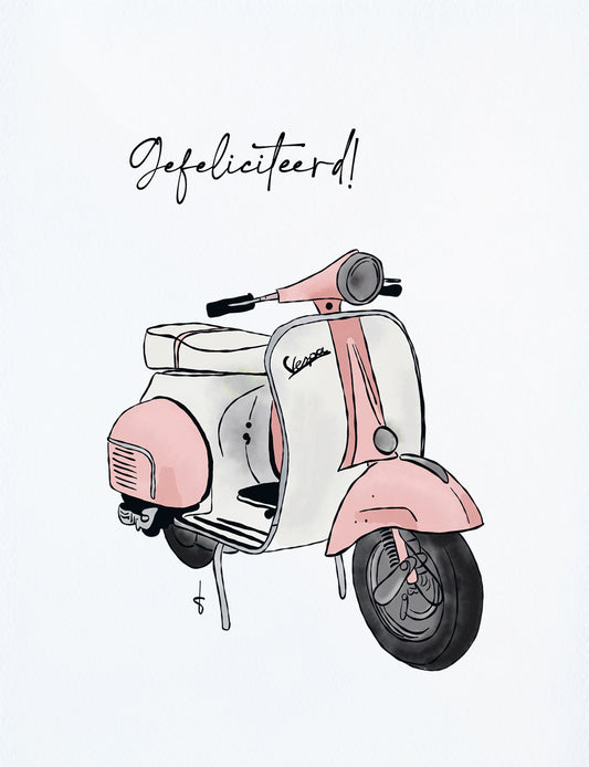 Deze felicitatiekaart op A6 formaat heeft een handgetekende illustratie van een stoere rose scooter. En de tekst: Gefeliciteerd! Deze mooie wenskaarten zijn ook in blauw verkrijgbaar voor felicitatie geboorte zoon. Bekijk onze webshop voor deze hippe kaartjes.