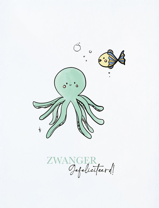 Deze felicitatiekaart op A6 formaat heeft een handgetekende illustratie van een schattige octopus en vis met de tekst: Zwanger Gefeliciteerd! Unieke kaarten kopen kun je in onze webshop. Neem een kijkje voor nog meer illustratiekaarten.