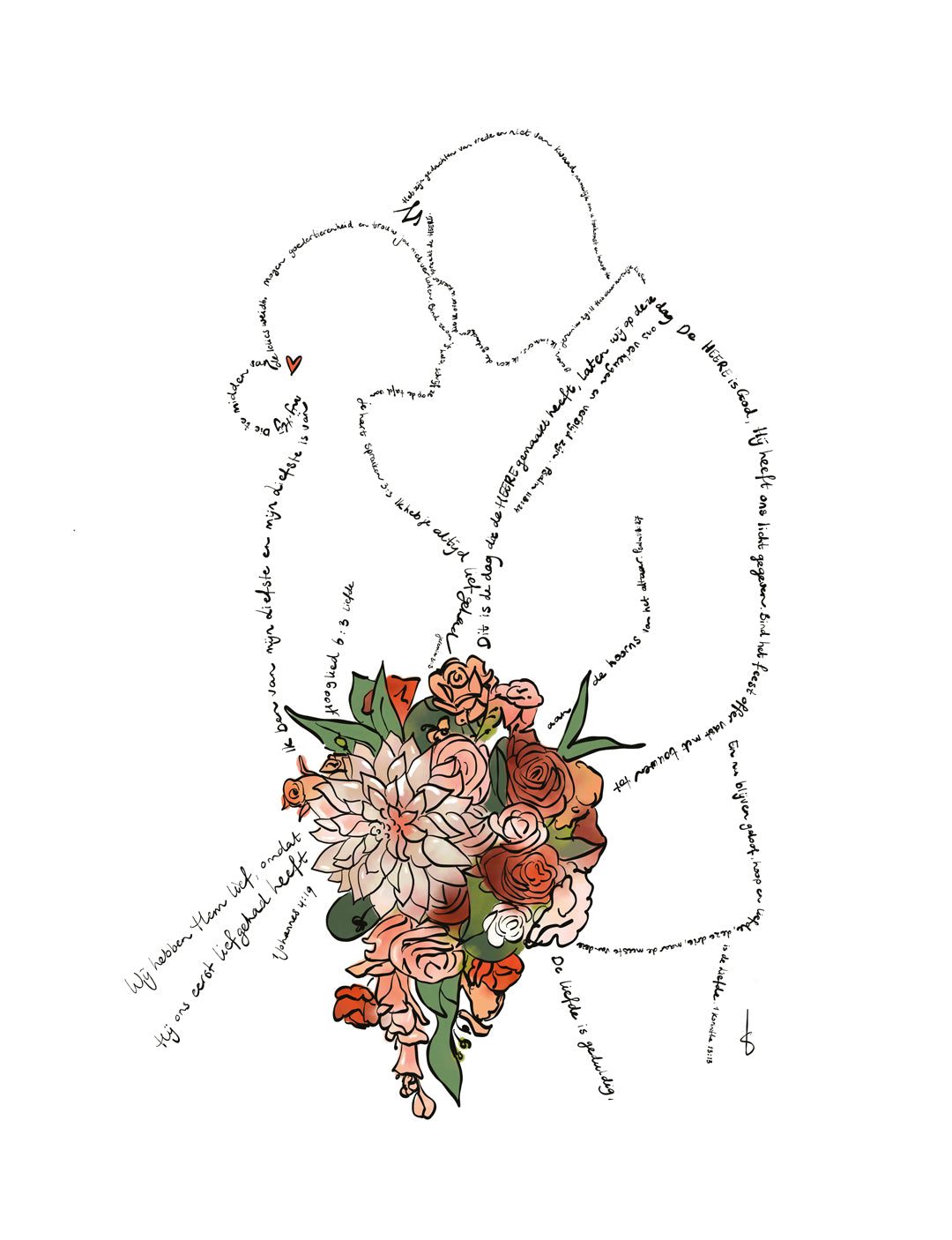 Deze handgetekende kaart/mini poster op A5 formaat is een illustratie van een bruidspaar. In plaats van met lijnen te tekenen, is er getekend met Bijbelteksten. Mooi om te geven als cadeau huwelijk. Bekijk ook de andere kaarten met mooie bemoedigende teksten.
