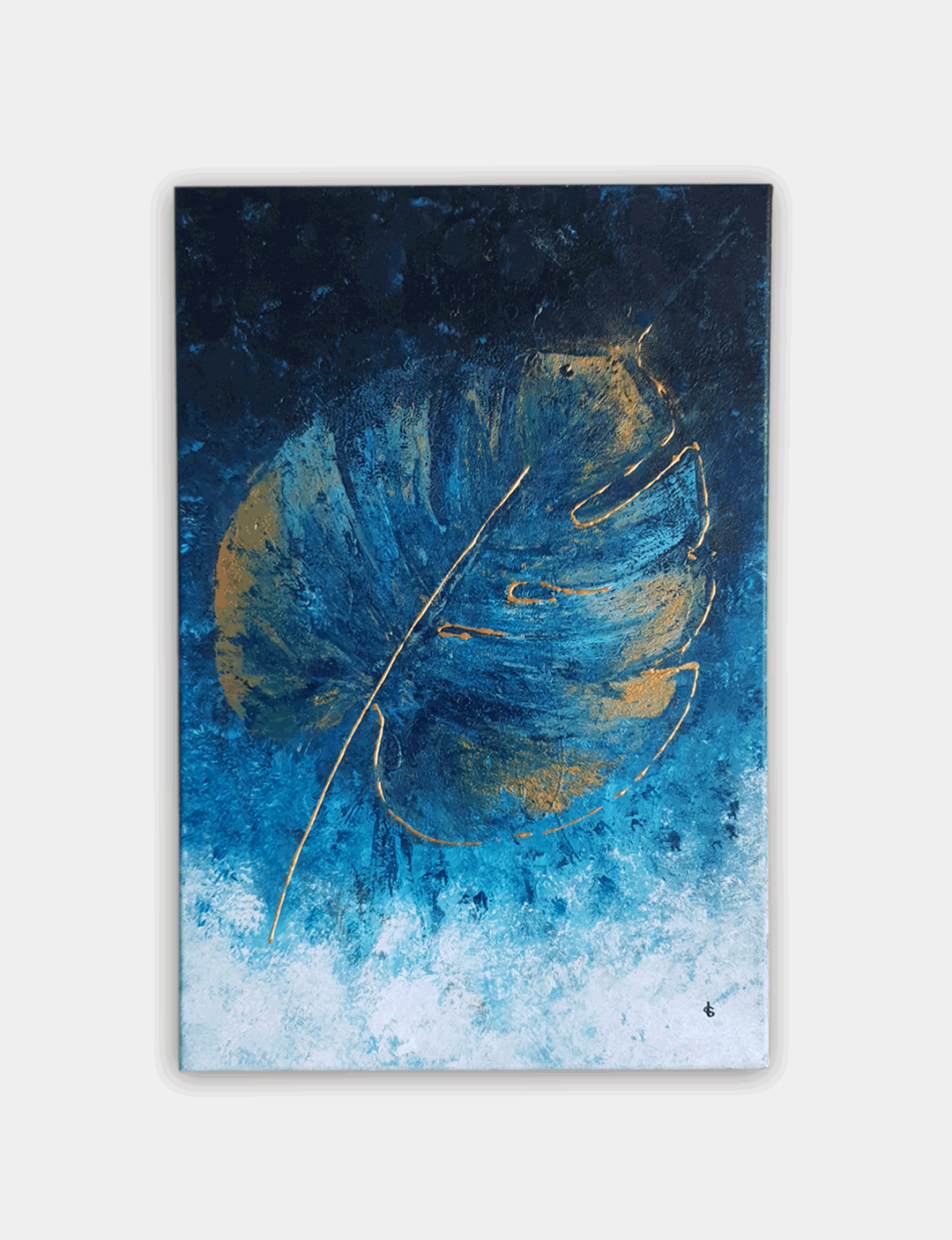 Handgemaakt betaalbare kunst LEAF. Door verschillende lagen verf over elkaar te gebruiken, is er een stijlvol blauw schilderij ontstaan. Bekijk blauwe schilderijen.