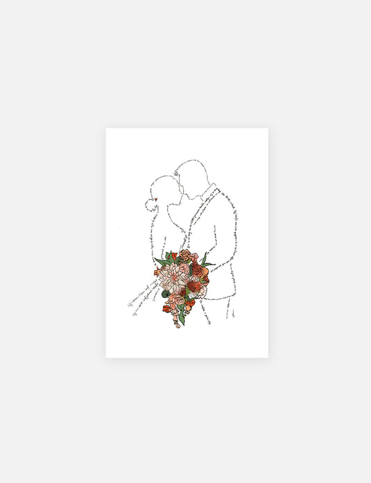 Deze handgetekende kaart/mini poster op A5 formaat is een illustratie van een bruidspaar. In plaats van met lijnen te tekenen, is er getekend met Bijbelteksten. Mooi om te geven als cadeau huwelijk. Bekijk ook de andere kaarten met mooie bemoedigende teksten.