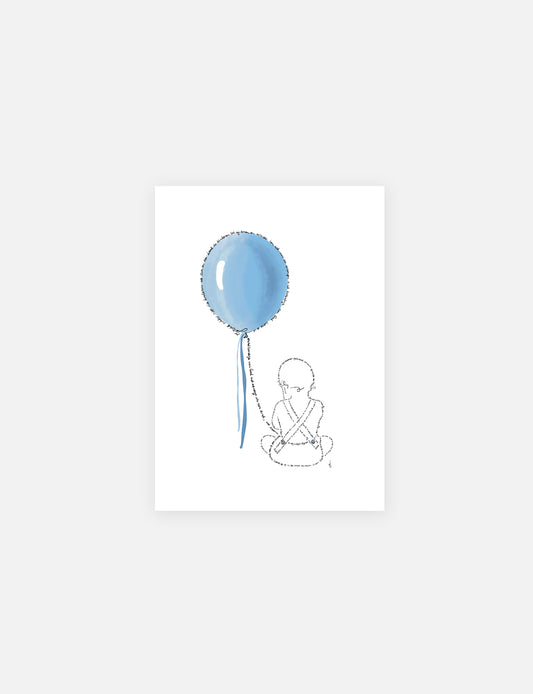 Handgetekende kaart/mini poster op A5 formaat is een illustratie van een kindje met een blauwe ballon. Getekend met Bijbelteksten. In diverse kleuruitvoeringen verkrijgbaar. Een tip om te geven als cadeautje bij doop.