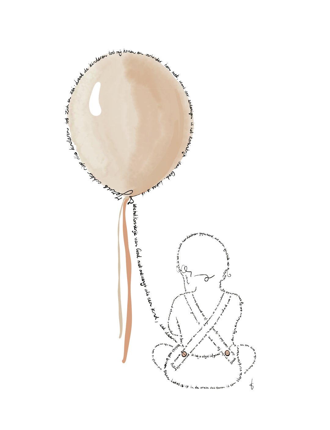 Handgetekende kaart/mini poster op A5 met een illustratie van een kindje in een naturel tint met Bijbelteksten. Tip: cadeautje bij doop of als kraam cadeau meisje is er een roze variant of blauwe variant voor geboorte cadeau jongen.