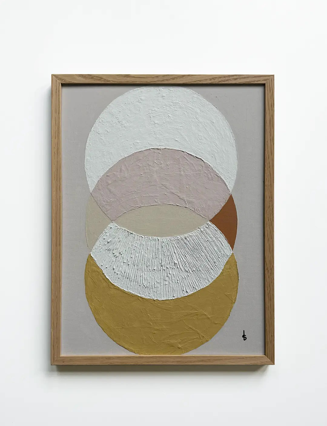 Stijlvol schilderij met cirkels in pasteltinten en houten lijst. Ontdek betaalbare kunst– een betaalbaar schilderij dat laat zien dat kunst goedkoop én stijlvol kan zijn. Perfect als schilderij betaalbaar.
