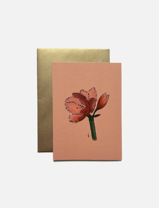 Christelijke kerstkaart met amaryllis en kerst bijbeltekst, gedrukt op luxe Tintoretto Gesso papier met metallic gouden envelop.