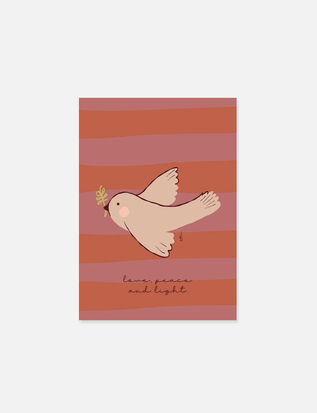 Mooie christelijke poster en christelijke posters met vredesduif met tekst love, peace and light in warme kleuren.