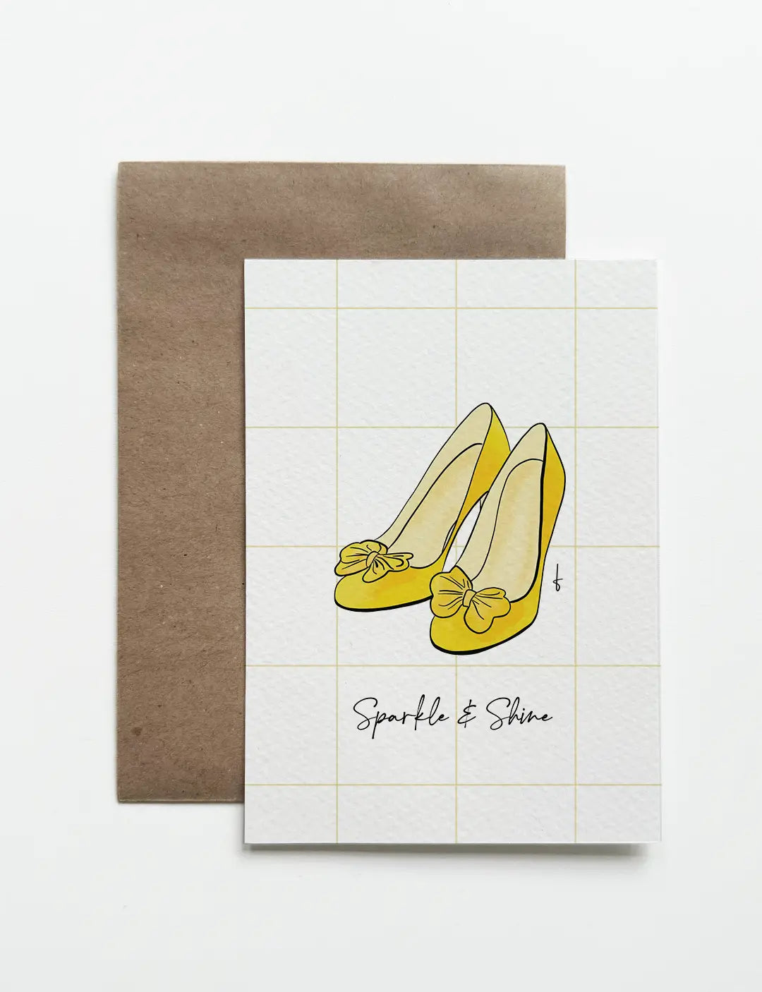 Mooie kaart met gele pumps en de tekst Sparkle & Shine. Vrolijk en stijlvol voor elke gelegenheid. Eenvoudig wenskaarten bestellen en mooie wenskaarten kopen online.
