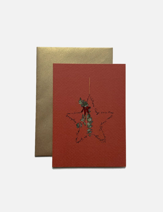 Handgemaakte kerstkaart A6 met kerstster en Bijbeltekst, gedrukt op stijlvol papier met metallic gouden envelop.