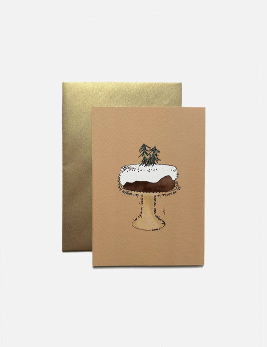 Verstuur een warme christelijke kerstkaart! Handgemaakte chocoladetaart op beige achtergrond met subtiele kerst bijbeltekst en luxe gouden envelop.