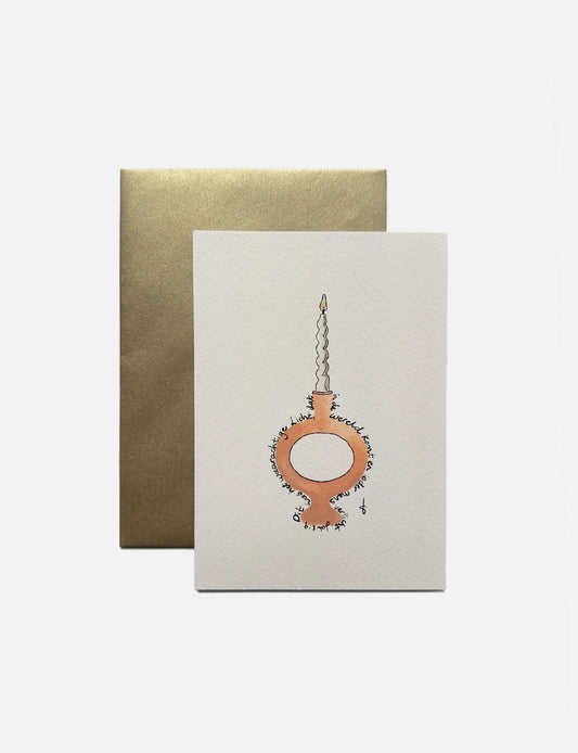 Handgemaakte kerstkaart A6 met illustratie van een kaars in kandelaar en Bijbeltekst uit Johannes 1:9 op beige achtergrond.