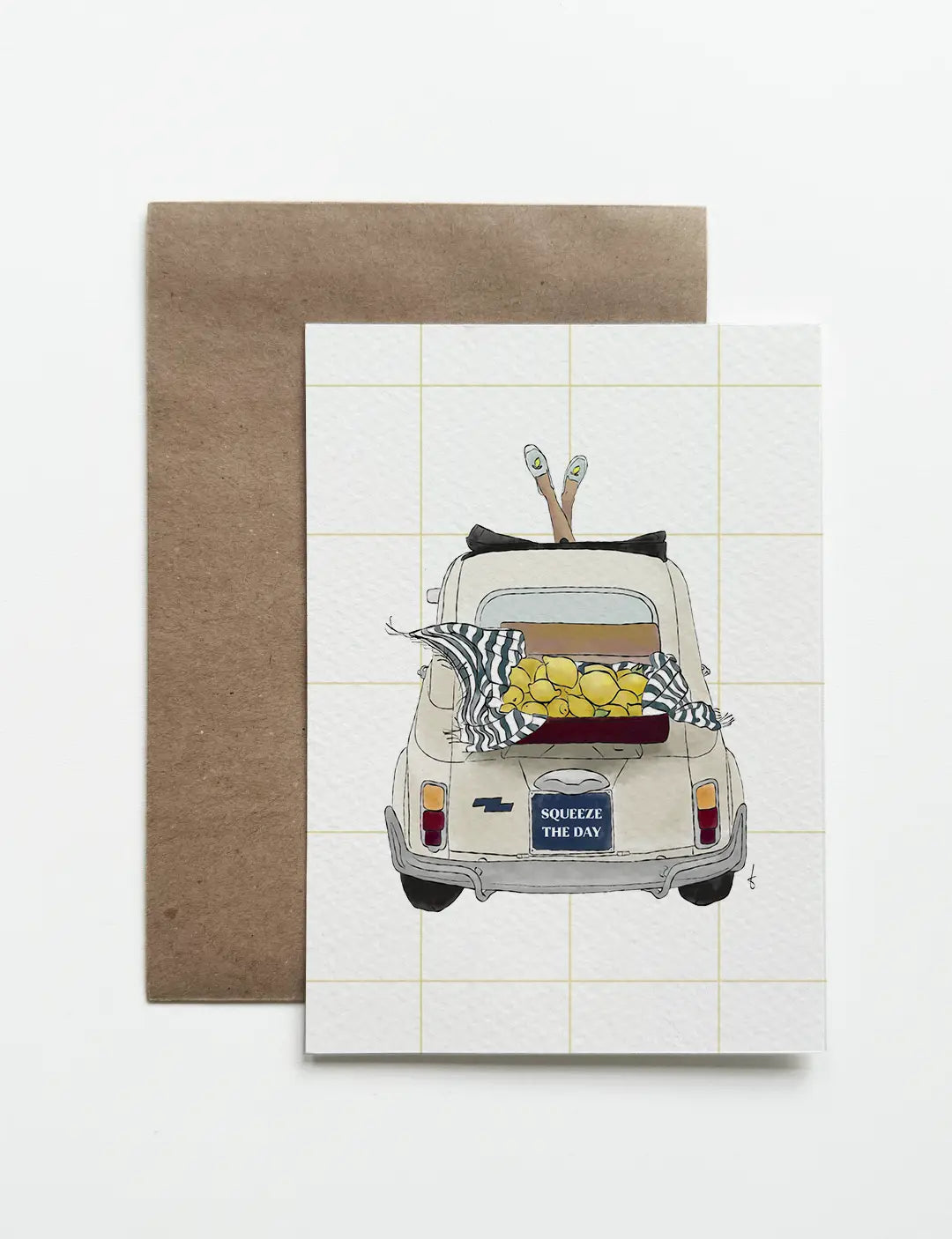 Zomerse wenskaart met oldtimer en citroenen in Italiaanse stijl. Perfecte keuze voor verjaardagskaarten vrouw, leuke kaartjes en snel kaarten kopen online.