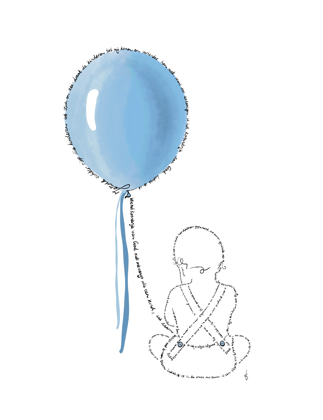 In plaats van met lijnen te tekenen, is er op deze poster kinderkamer getekend met Bijbelteksten. De poster babykamer is in diverse kleuruitvoeringen verkrijgbaar. Mooi om te geven als doop cadeau baby.