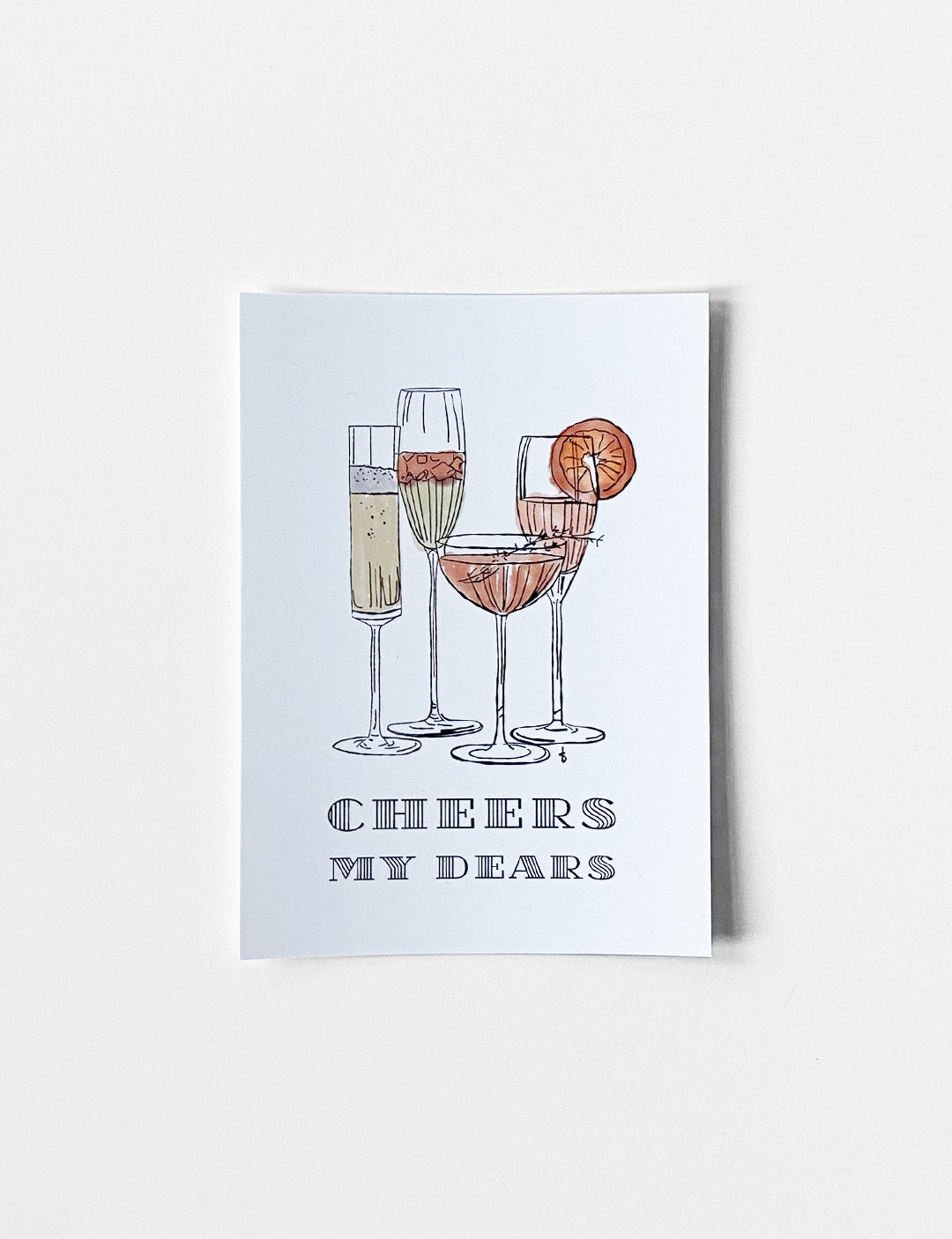 Ansichtkaart (A6) met handgetekende Cheers illustratie en quote. Geprint op beschrijfbaar papier en voorzien van soft touch laminaat (mat). Leuk om als wenskaart te versturen als verjaardagskaarten vrouw. De vrolijke kaart maakt onderdeel uit van een kaartenset met andere illustratie kaarten en leuke ansichtkaarten.