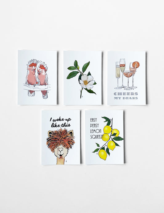 Ansichtkaart (A6) met handgetekende Lemons illustratie en quote. Geprint op beschrijfbaar papier en voorzien van soft touch laminaat (mat). Leuk om als wenskaart te versturen of bij een cadeau te geven. Dit kaartje is onderdeel van een leuk kaartenset met illustratie kaarten. Wenskaarten bestellen kun je in onze webshop.