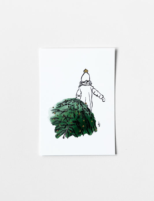 Ansichtkaart (A6) met handgetekende X-mas tree met kind illustratie en goudfolie.Deze stijlvolle kaart maakt onderdeel uit van een kaartenset met leuke kerstkaarten. Je kunt deze unieke kaartjes en andere kerst kaarten vinden in onze webshop.