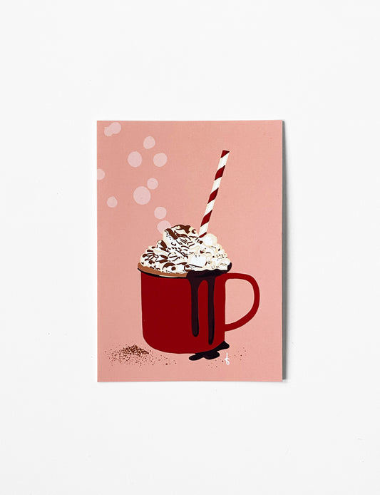 Ansichtkaart (A6) met handgetekende Hot chocolate illustratie. Deze stijlvolle wenskaart maakt onderdeel uit van een kaartenset met kerst kaarten. Je kunt deze kerst kaarten kopen in onze webshop. Neem een kijkje tussen alle leuke kerstkaarten en andere originele kaarten.