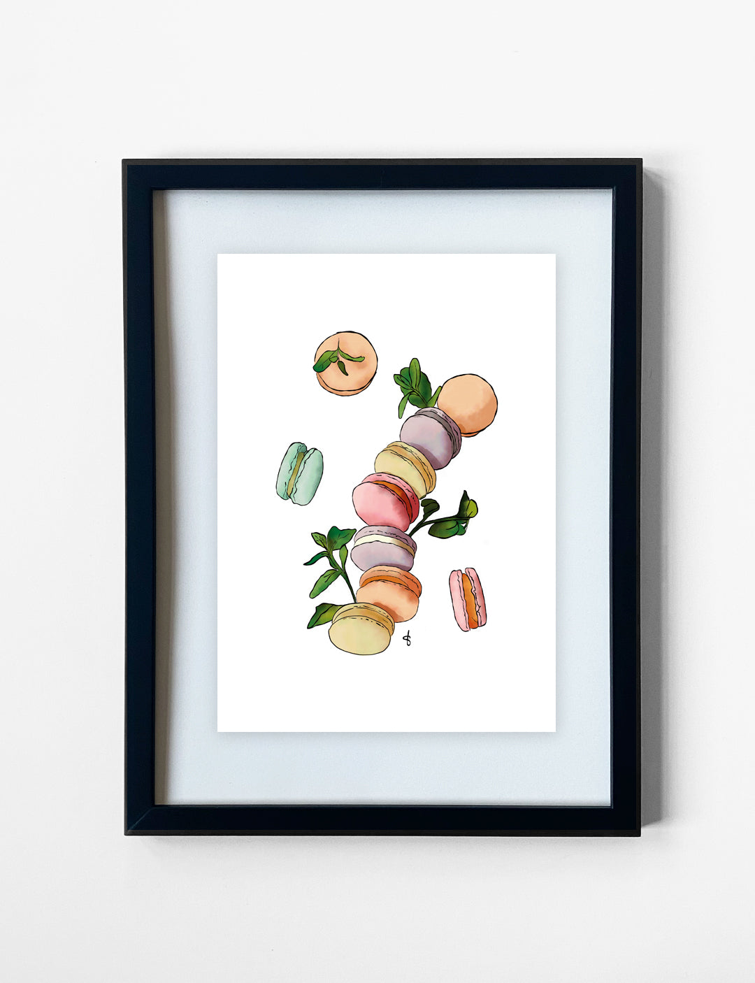 Deze vrolijke poster met een handgetekende illustratie van macarons uit Parijs is geprint op mooi Tintoretto Gesso papier. Leuk om te gebruiken als poster keuken of poster woonkamer.