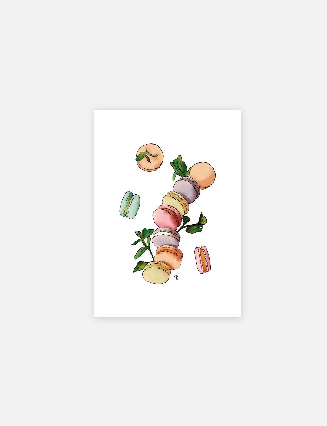 Deze vrolijke poster met een handgetekende illustratie van macarons uit Parijs is geprint op mooi Tintoretto Gesso papier. Leuk om te gebruiken als poster keuken of poster woonkamer.