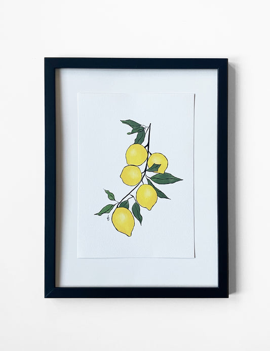 Een gezellige poster keuken met een handgetekende citroentak, geprint op mooi Tintoretto Gesso papier.