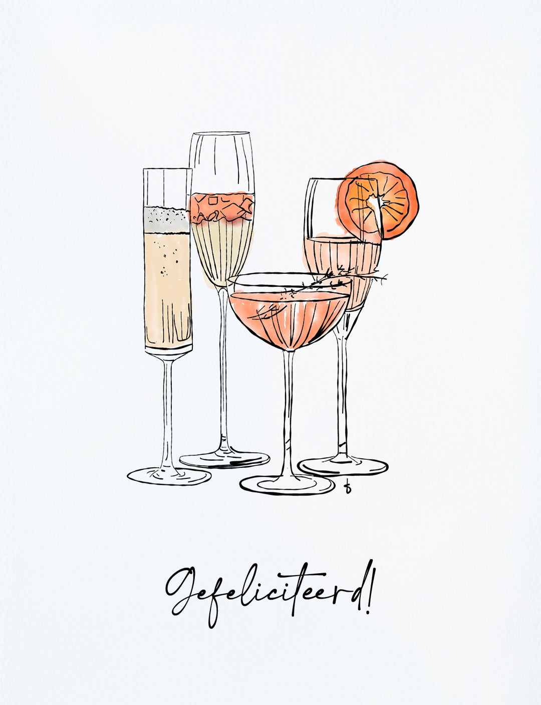 Deze felicitatiekaart op A6 formaat heeft een handgetekende illustratie van glaasjes met feestelijke bubbels en de tekst: Gefeliciteerd! Leuk om te versturen als verjaardagskaarten vrouw. Unieke kaartjes en andere mooie kaarten vind je in onze webshop. Neem een kijkje om kaarten kopen.