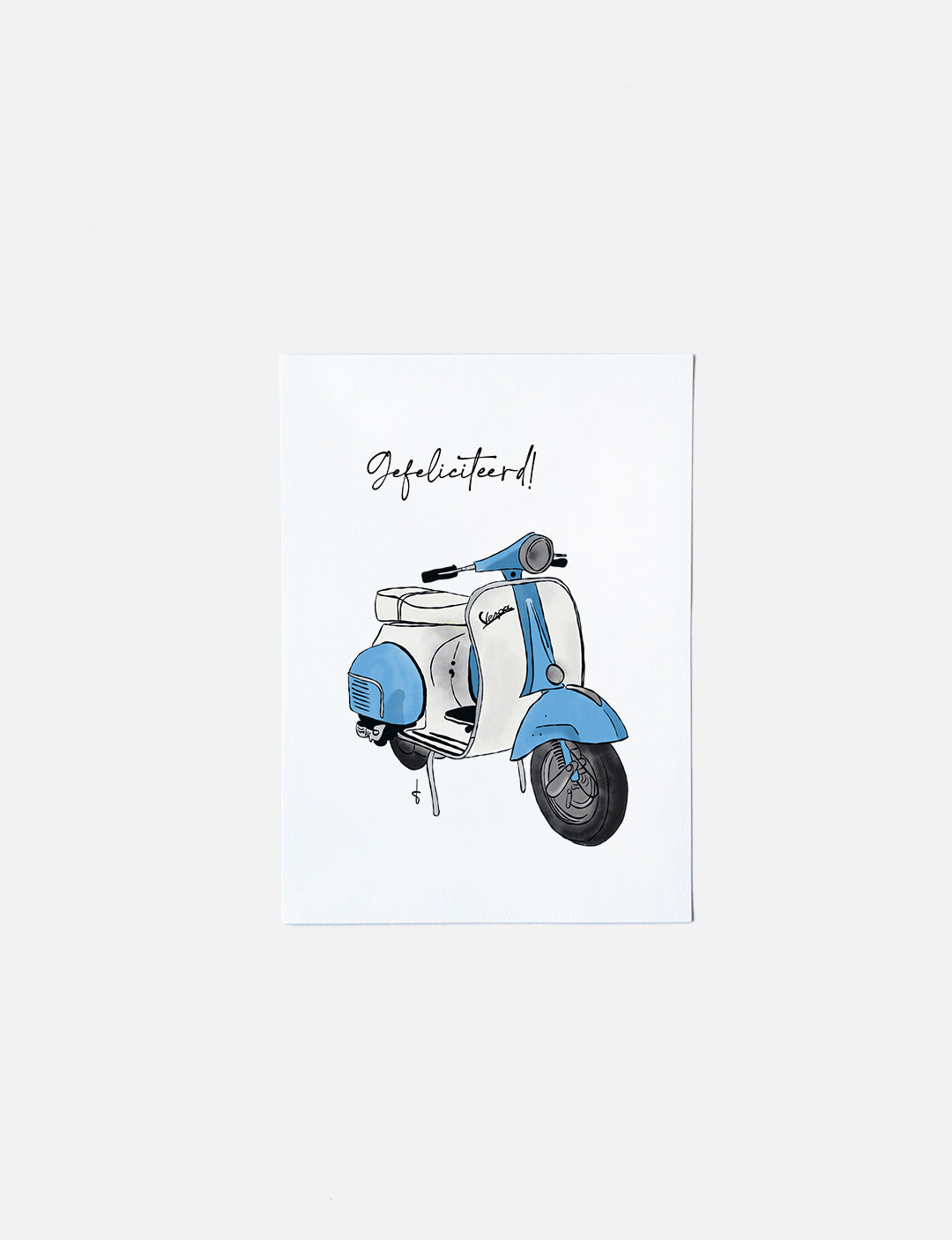 Deze felicitatiekaart op A6 formaat heeft een handgetekende illustratie van een stoere blauwe scooter en de tekst: Gefeliciteerd! De wenskaart is ook verkrijgbaar in roze voor een meisje. Deze hippe wenskaarten en illustratie kaarten zijn verkrijgbaar in onze webshop.