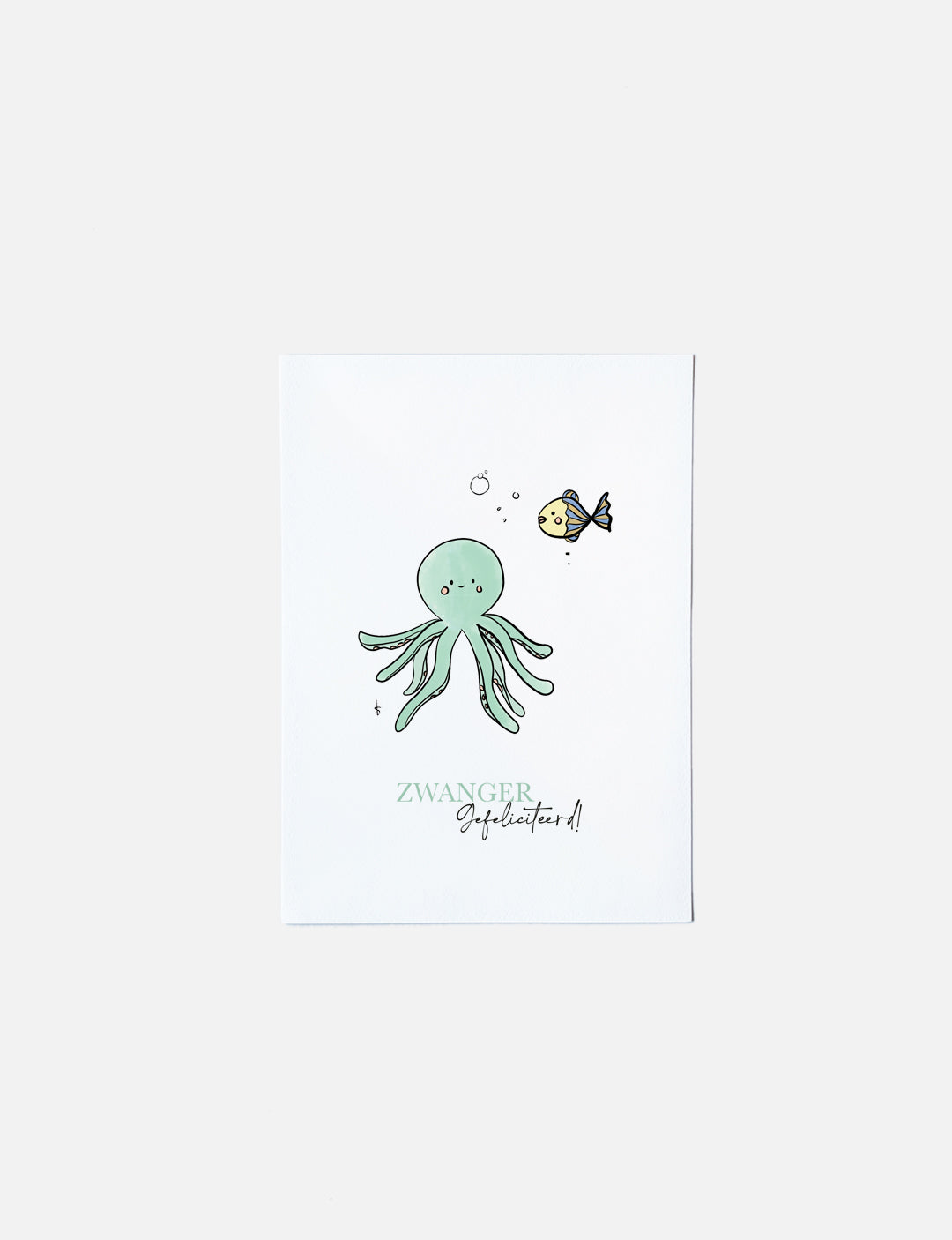 Deze felicitatiekaart op A6 formaat heeft een handgetekende illustratie van een schattige octopus en vis met de tekst: Zwanger Gefeliciteerd! Unieke kaarten kopen kun je in onze webshop. Neem een kijkje voor nog meer illustratiekaarten.