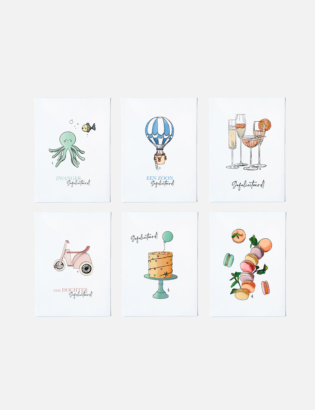 Set van 6 felicitatiekaarten op A6 formaat met handgetekende vrolijke illustraties. Deze kaarten kopen om iemand te verrassen? Bekijk onze webshop voor details van deze handgemaakte kaarten. Leuk om kaart versturen.