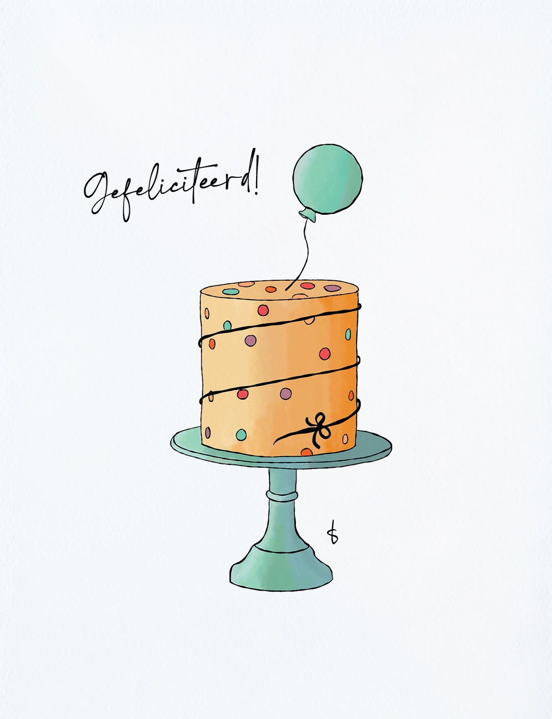 Deze felicitatiekaart op A6 formaat heeft een handgetekende illustratie van een vrolijke taart met ballon en de tekst: Gefeliciteerd! Bekijk onze webshop voor nog meer hippe kaartjes en originele kaarten.