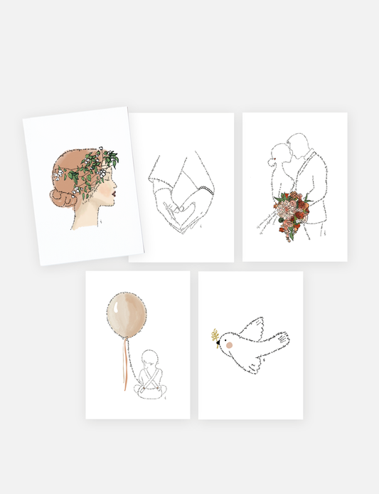 Deze serie handgetekende kaarten/mini posters op A5 formaat bestaan uit verschillende illustraties, voor verschillende gelegenheden; Verloving, Bruiloft, Geboorte, Dopen, Belijdenis, Verjaardag en/of Moederdag. In plaats van met lijnen te tekenen, is er getekend met Bijbelteksten