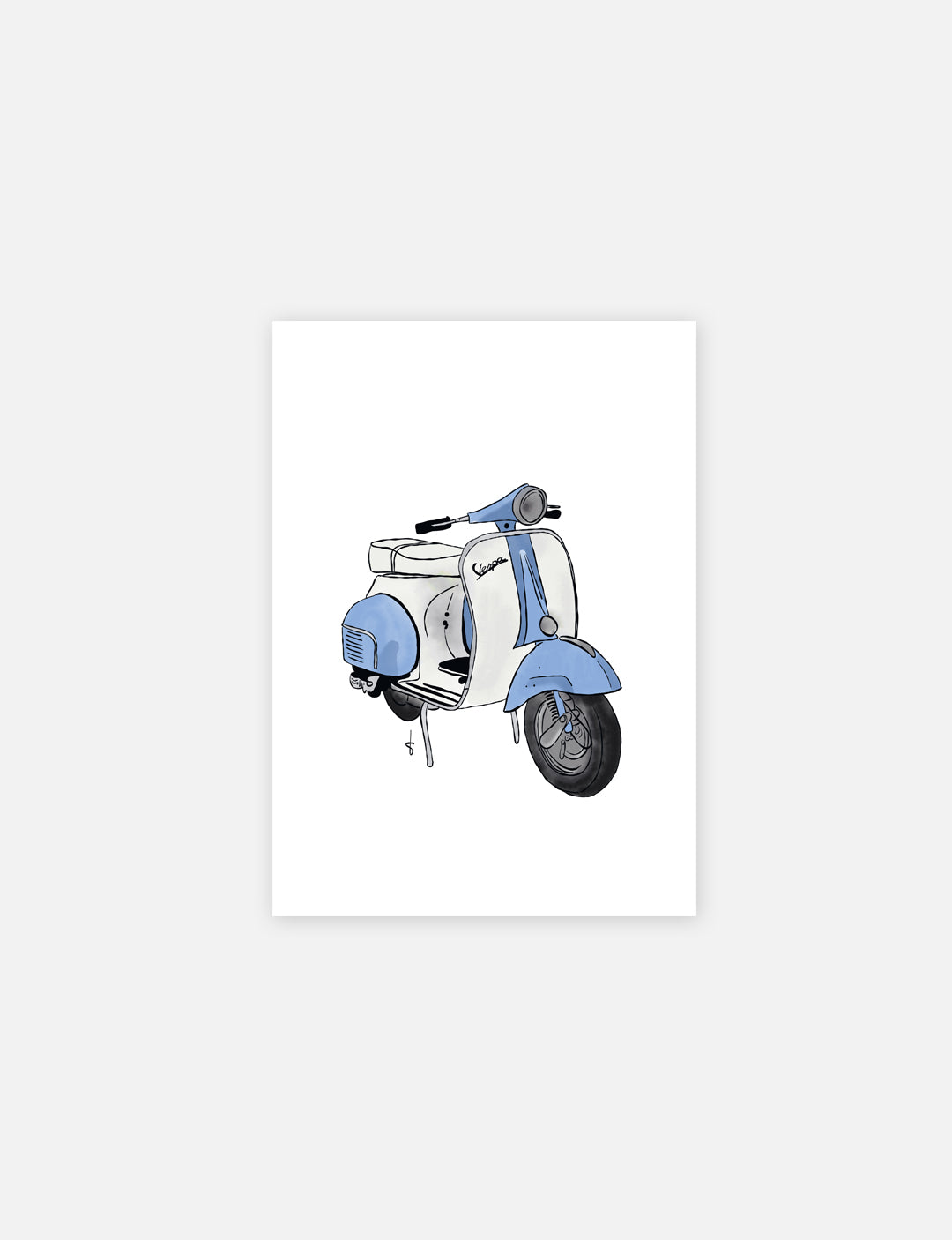 Stoere poster kinderkamer met handgetekende scooter in de kleur blauw. Geprint op stijlvol Tintoretto Gesso papier. Ook leuk als poster babykamer jongen.