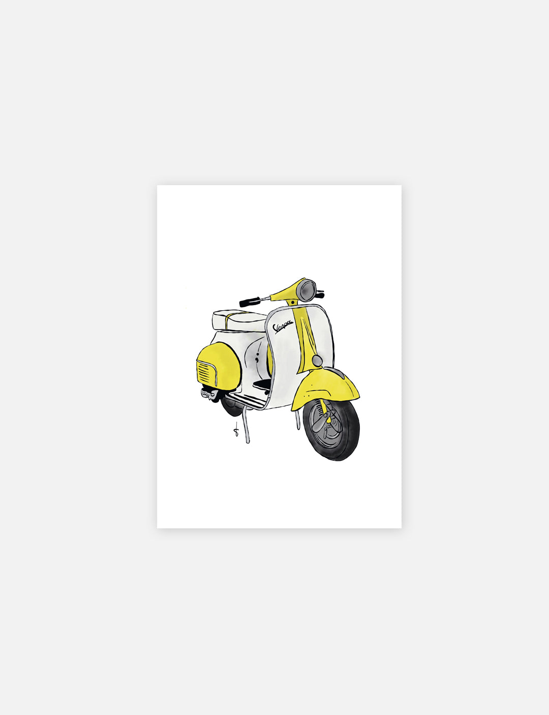 Stoere poster kinderkamer met handgetekende scooter in de kleur geel. Geprint op stijlvol Tintoretto Gesso papier. Ook bruikbaar als zonnige poster babykamer.