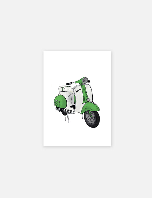 Stoere poster kinderkamer met handgetekende scooter in de kleur groen. Geprint op stijlvol Tintoretto Gesso papier. Verkrijgbaar op A4 en A3 formaat. Ook leuk als poster babykamer.