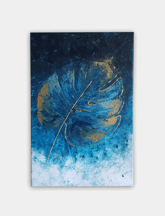Handgemaakt betaalbare kunst LEAF. Door verschillende lagen verf over elkaar te gebruiken, is er een stijlvol blauw schilderij ontstaan. Bekijk blauwe schilderijen.