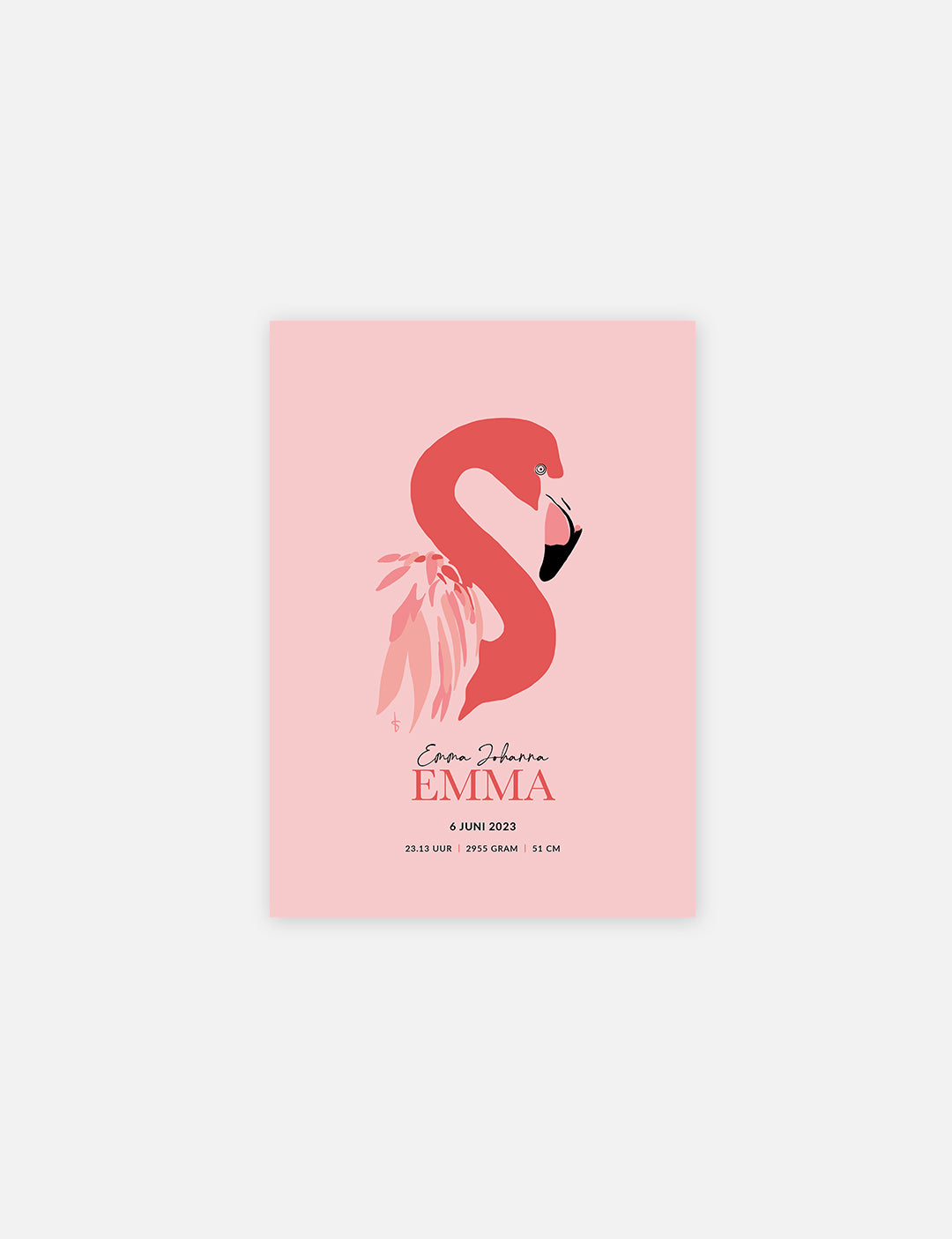 Een originele geboorteposter baby met naam, datum, tijd, gewicht en lengte van het kindje. Gepersonaliseerde geboorte poster met handgetekende flamingo illustratie en geprint op mooi papier. Verkrijgbaar op A4 formaat. Leuk zo'n poster met tekst, past goed als poster kinderkamer.