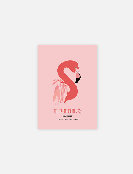 Gepersonaliseerde geboorte poster met handgetekende flamingo illustratie en geprint op mooi papier. Verkrijgbaar op A4 en A3 formaat. Leuk als poster kinderkamer voor een meisje of als geboorteposter baby.
