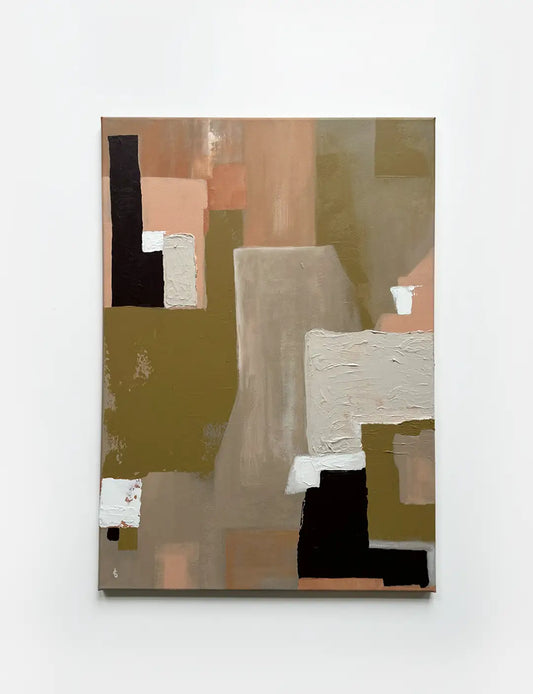 Ontdek dit handgemaakte abstract kunstwerk in peach, goud en beige. Minimalistisch schilderij en betaalbare kunst in één. Perfect voor een stijlvol interieur.