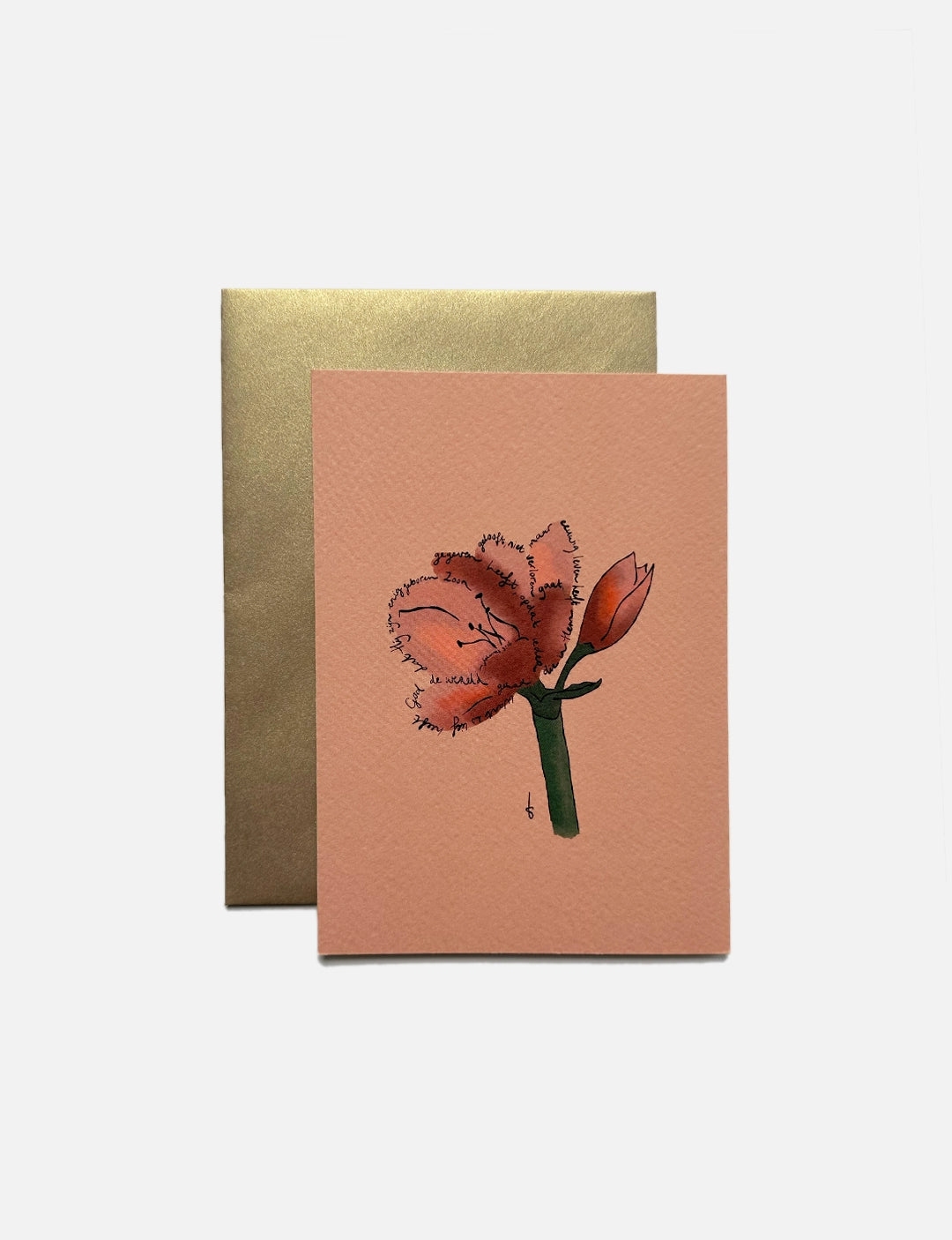 Christelijke kerstkaart met amaryllis en kerst bijbeltekst, gedrukt op luxe Tintoretto Gesso papier met metallic gouden envelop.