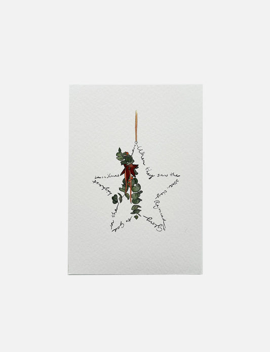 Handgetekende christelijke poster kerst met kerstster en groen takje, inclusief bijbeltekst uit Mattheüs 2:10 en Lukas 2:14.