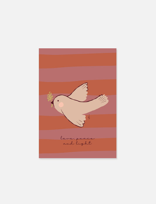 Mooie christelijke poster en christelijke posters met vredesduif met tekst love, peace and light in warme kleuren.