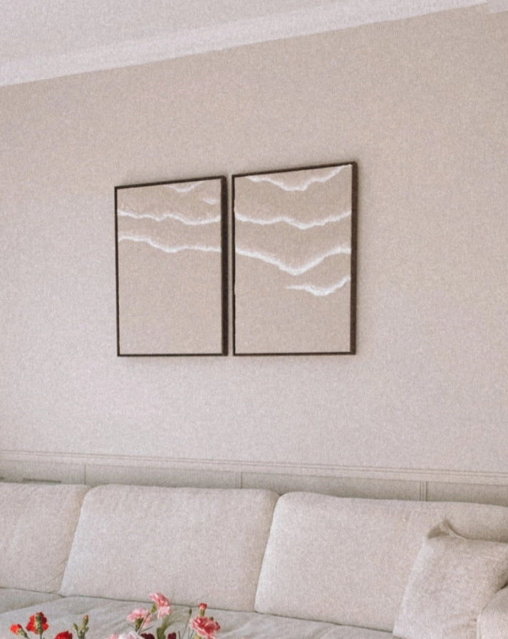 Op maat gemaakt tweeluik Japandi schilderij. Wil je ook een schilderij Japandi door ons laten maken? Vraag een offerte op.