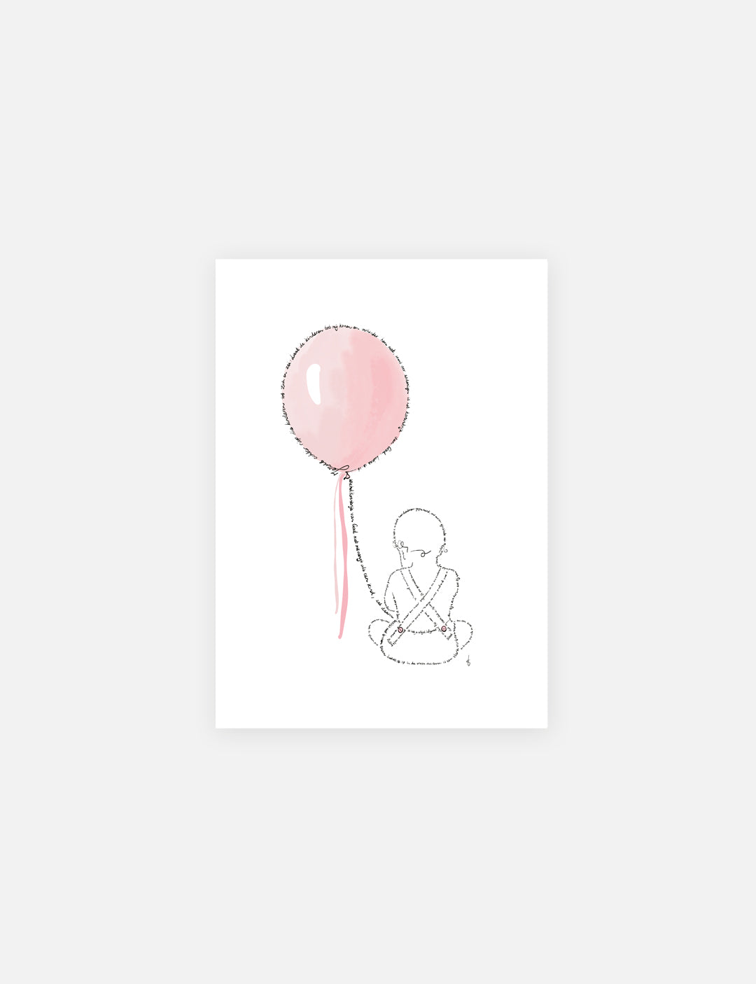 Christelijke kaart geboorte dochter met illustratie van kindje met roze ballon, getekend met Bijbelteksten